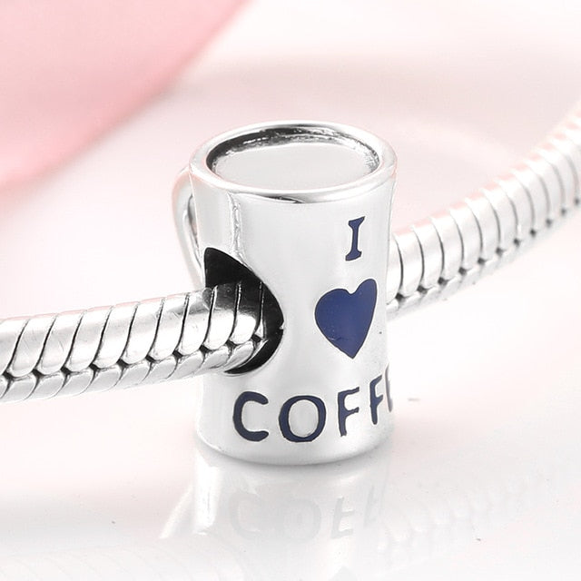 Sterling Silver Love Free time Heart Coffee Cup Beads Original Bracelet Bangles Jewelry