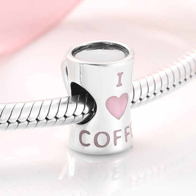 Sterling Silver Love Free time Heart Coffee Cup Beads Original Bracelet Bangles Jewelry