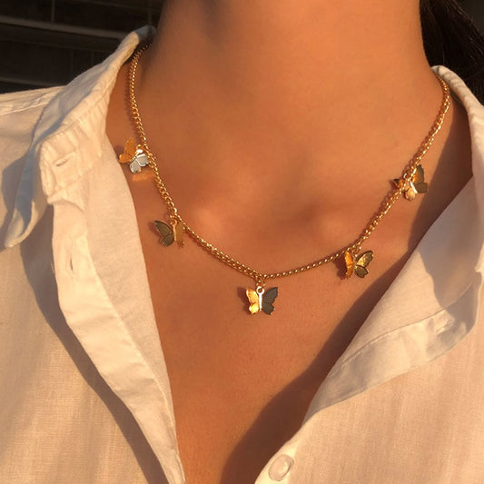 Gold Chain Butterfly Pendant Choker Necklace