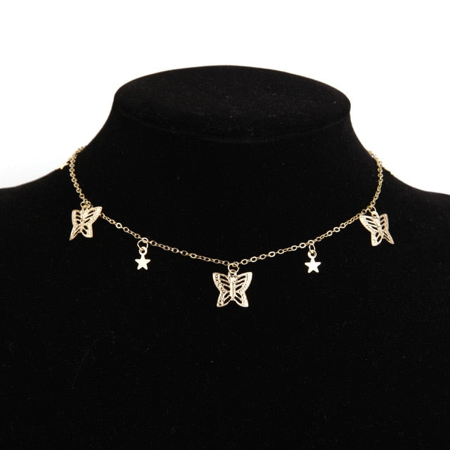 Gold Chain Butterfly Pendant Choker Necklace